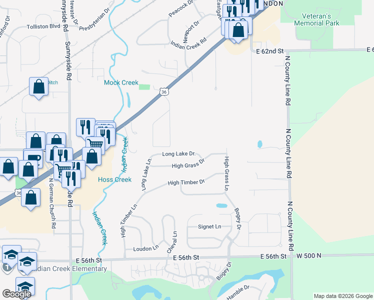 map of restaurants, bars, coffee shops, grocery stores, and more near 11514 Long Lake Lane in Indianapolis