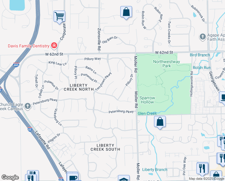 map of restaurants, bars, coffee shops, grocery stores, and more near 5524 Vicksburg Drive in Indianapolis