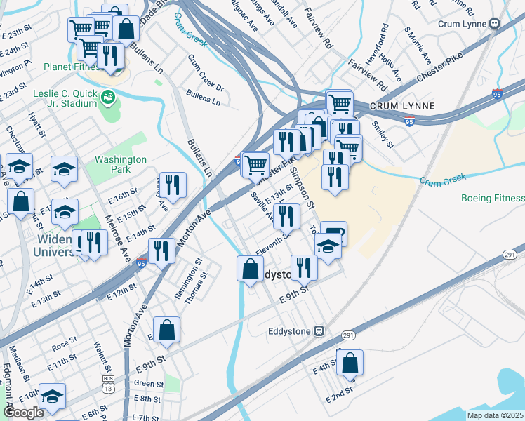 map of restaurants, bars, coffee shops, grocery stores, and more near 1228 Saville Avenue in Eddystone