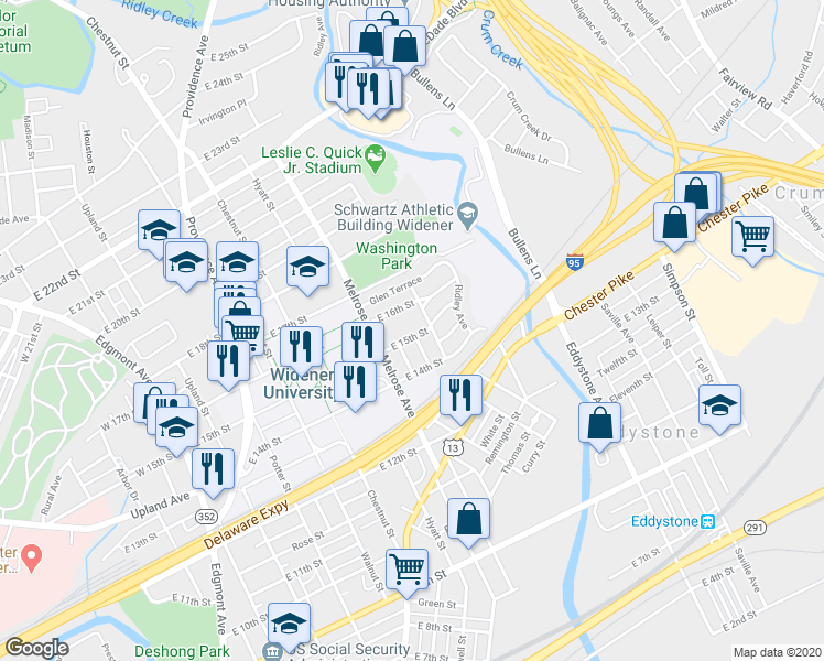 map of restaurants, bars, coffee shops, grocery stores, and more near 828 East 15th Street in Chester