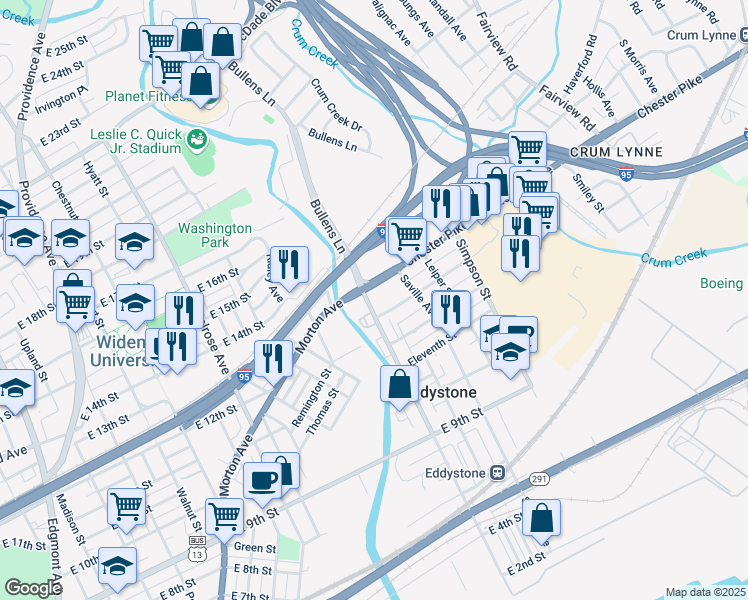 map of restaurants, bars, coffee shops, grocery stores, and more near 1233 East 13th Street in Eddystone