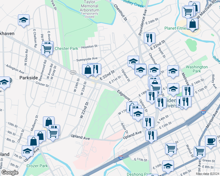 map of restaurants, bars, coffee shops, grocery stores, and more near 2020 Edgmont Avenue in Chester