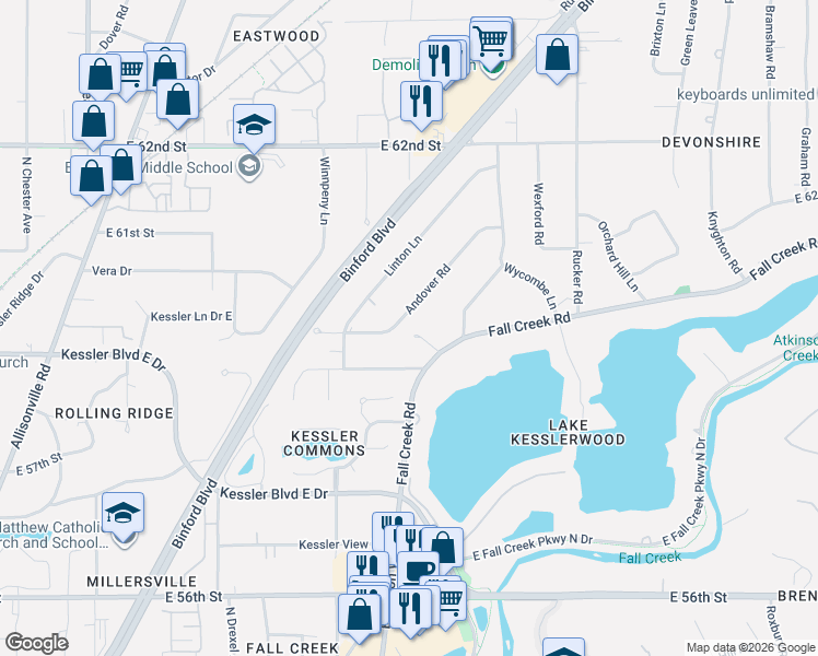 map of restaurants, bars, coffee shops, grocery stores, and more near 5835 Andover Road in Indianapolis