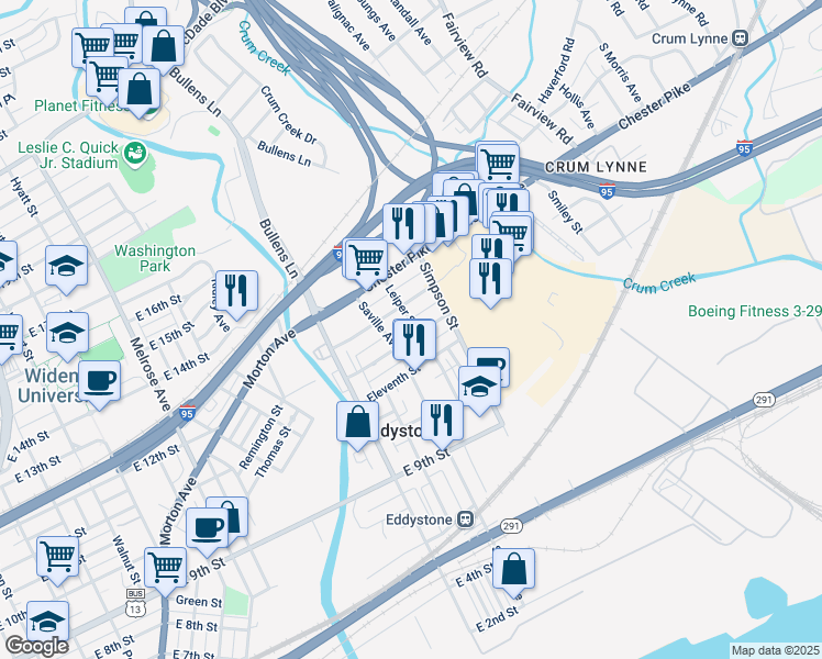 map of restaurants, bars, coffee shops, grocery stores, and more near 1401 Twelfth Street in Crum Lynne