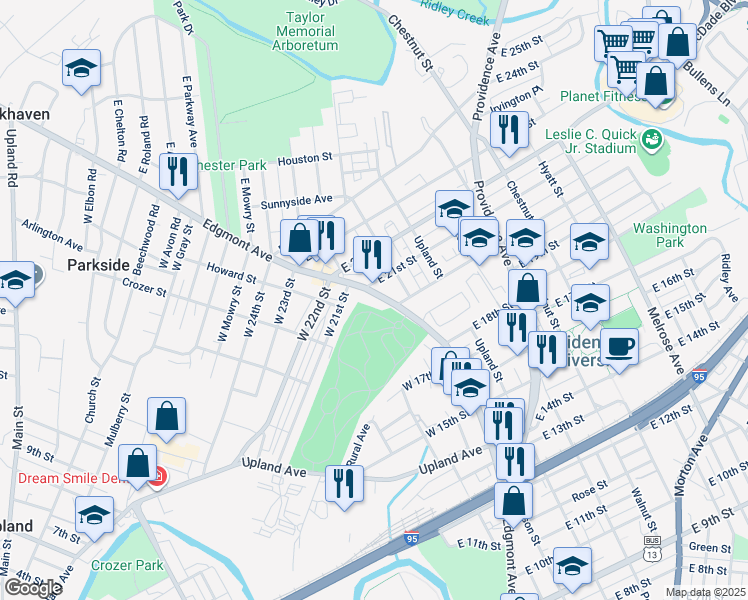 map of restaurants, bars, coffee shops, grocery stores, and more near 2018 Edgmont Avenue in Chester