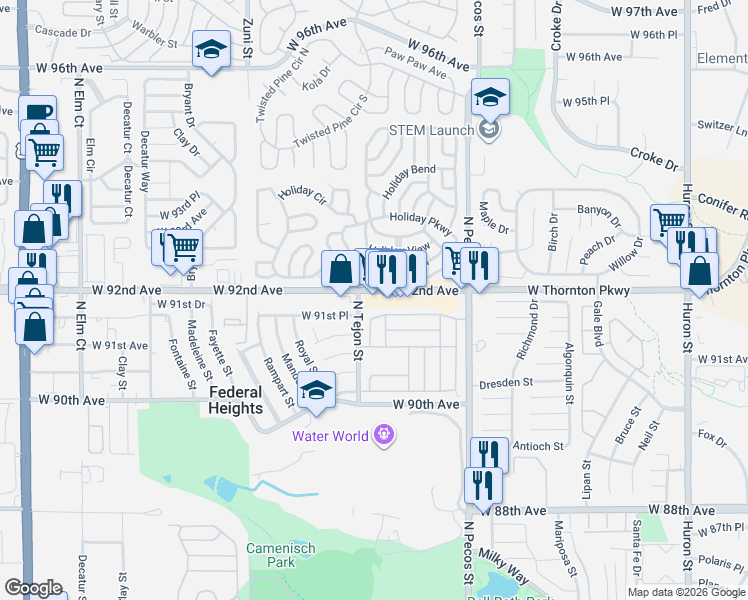 map of restaurants, bars, coffee shops, grocery stores, and more near 1998 Pikes Peak Drive in Federal Heights