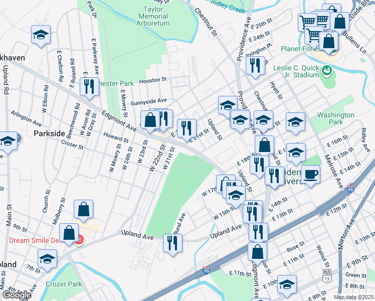 map of restaurants, bars, coffee shops, grocery stores, and more near 2018 Edgmont Avenue in Chester