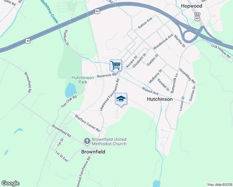 map of restaurants, bars, coffee shops, grocery stores, and more near 276 Hopwood Fairchance Road in Uniontown