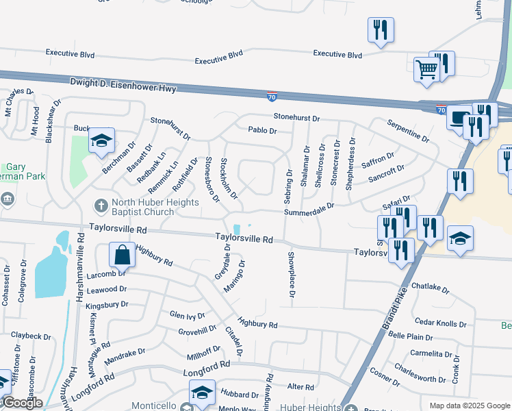 map of restaurants, bars, coffee shops, grocery stores, and more near 6738 Summerdale Drive in Dayton