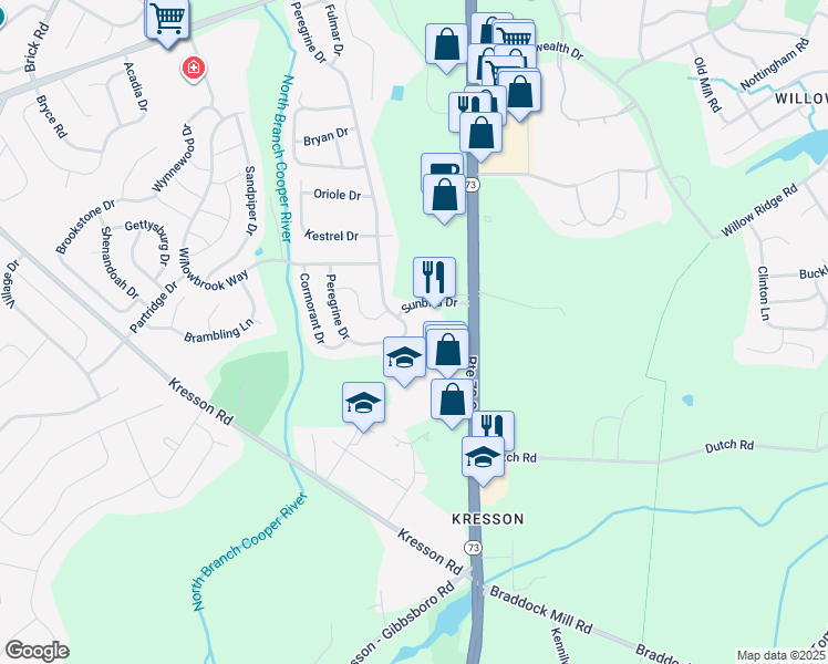 map of restaurants, bars, coffee shops, grocery stores, and more near 136 Peregrine Drive in Voorhees Township
