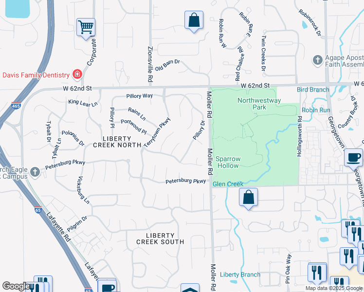 map of restaurants, bars, coffee shops, grocery stores, and more near 5524 Vicksburg Drive in Indianapolis