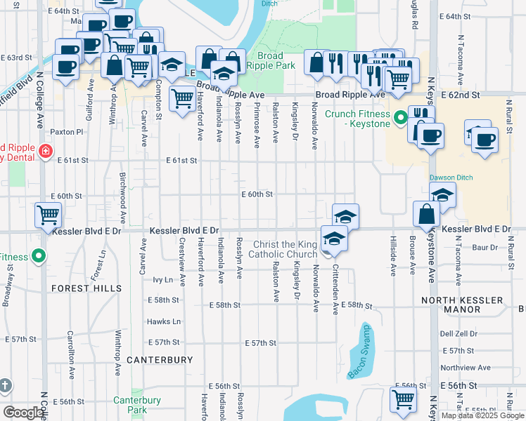 map of restaurants, bars, coffee shops, grocery stores, and more near 1528 Kessler Boulevard East Drive in Indianapolis