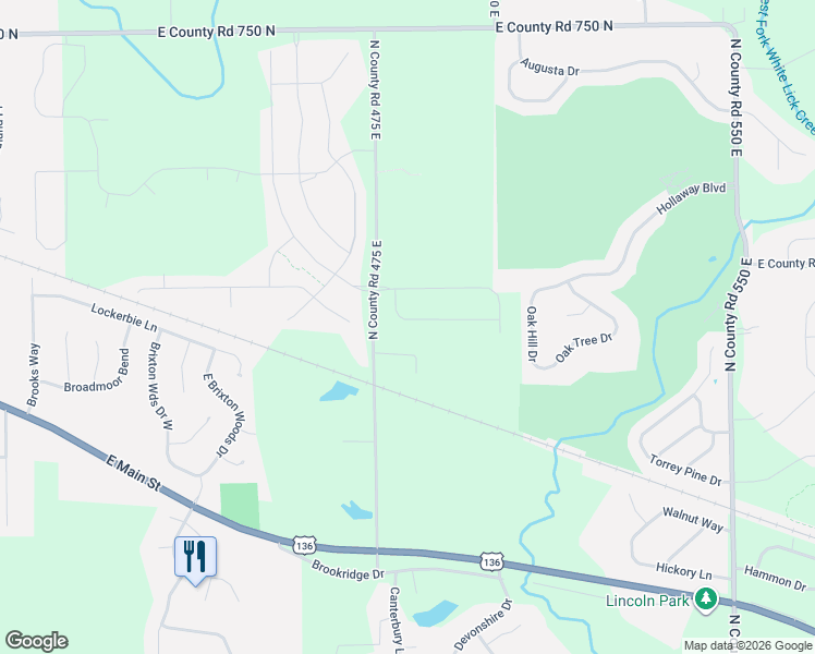 map of restaurants, bars, coffee shops, grocery stores, and more near 6841 North County Road 475 East in Pittsboro
