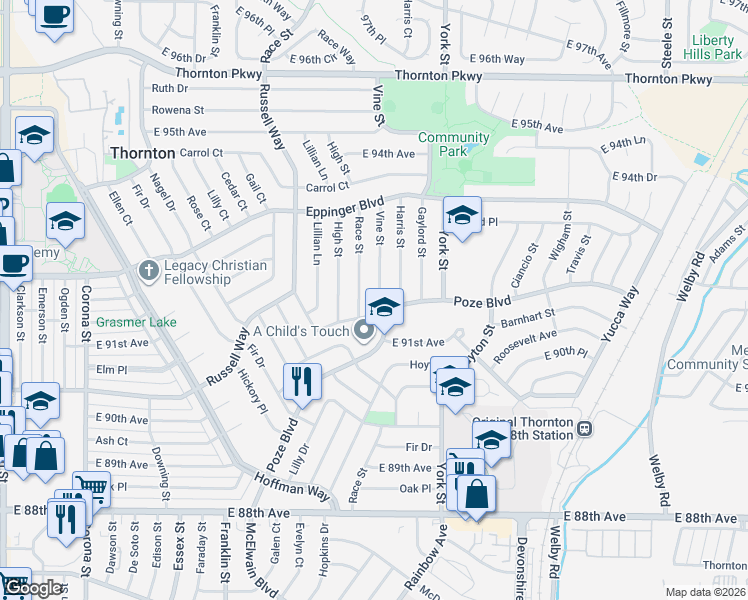 map of restaurants, bars, coffee shops, grocery stores, and more near 2020 Gail Court in Thornton