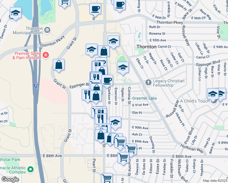 map of restaurants, bars, coffee shops, grocery stores, and more near 9120 Emerson Street in Thornton
