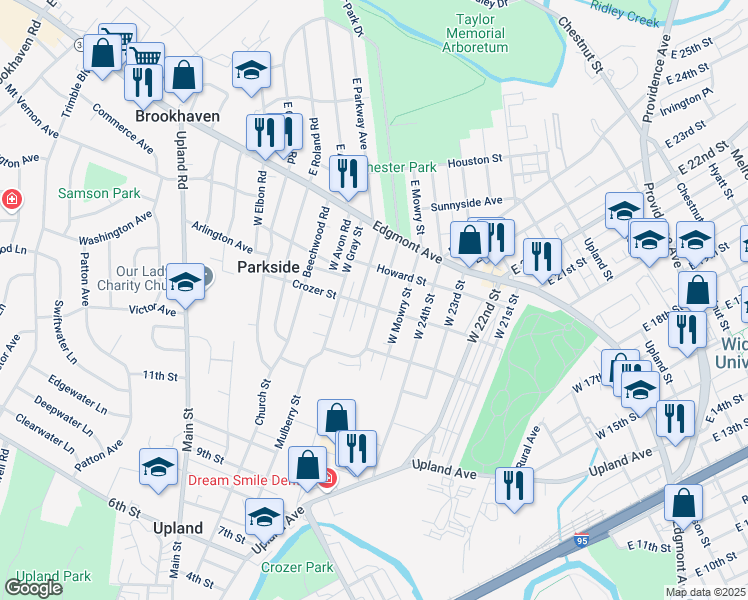 map of restaurants, bars, coffee shops, grocery stores, and more near 203 West Elkinton Avenue in Chester