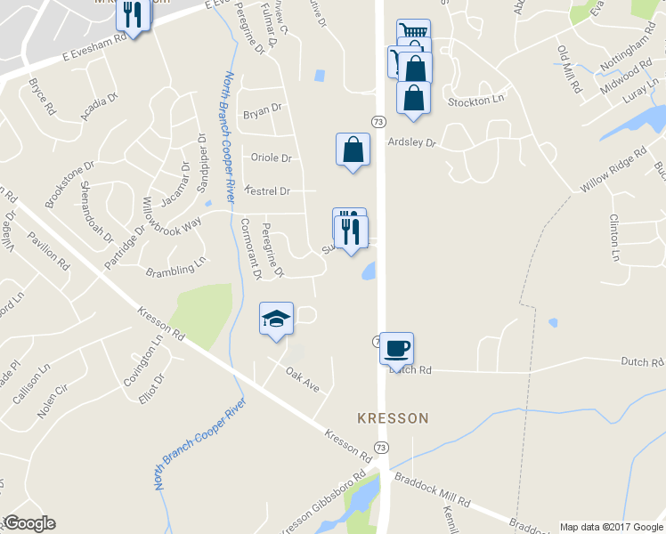 map of restaurants, bars, coffee shops, grocery stores, and more near 136 Peregrine Drive in Voorhees Township