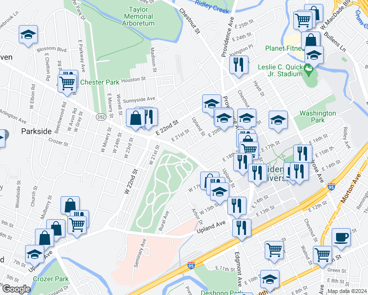 map of restaurants, bars, coffee shops, grocery stores, and more near 2003 Edgmont Avenue in Chester