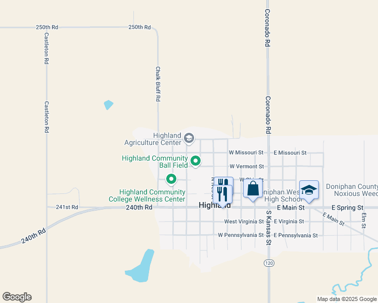 map of restaurants, bars, coffee shops, grocery stores, and more near 502 North Elmira Street in Highland
