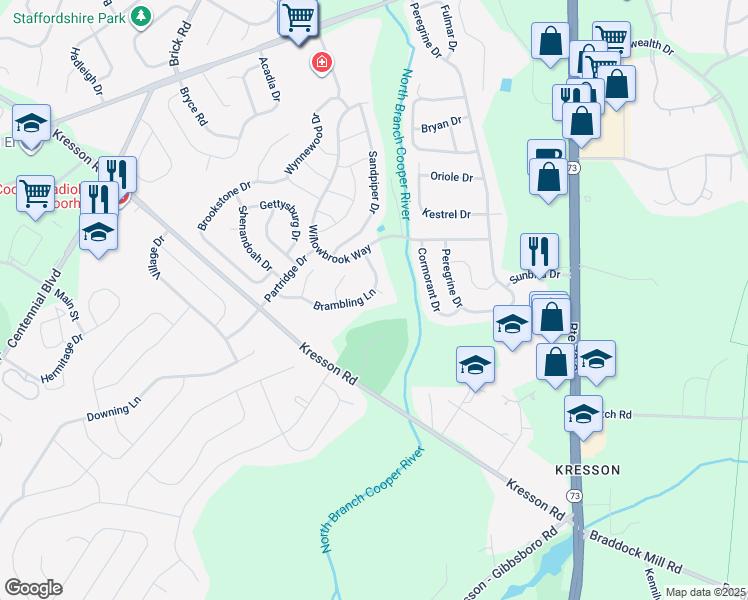 map of restaurants, bars, coffee shops, grocery stores, and more near 49 Brambling Lane in Voorhees Township