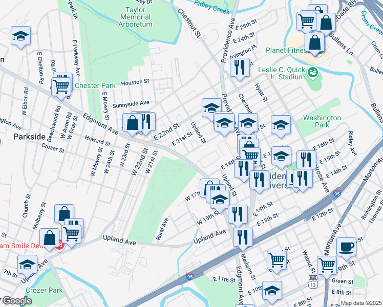 map of restaurants, bars, coffee shops, grocery stores, and more near 301 East 20th Street in Chester