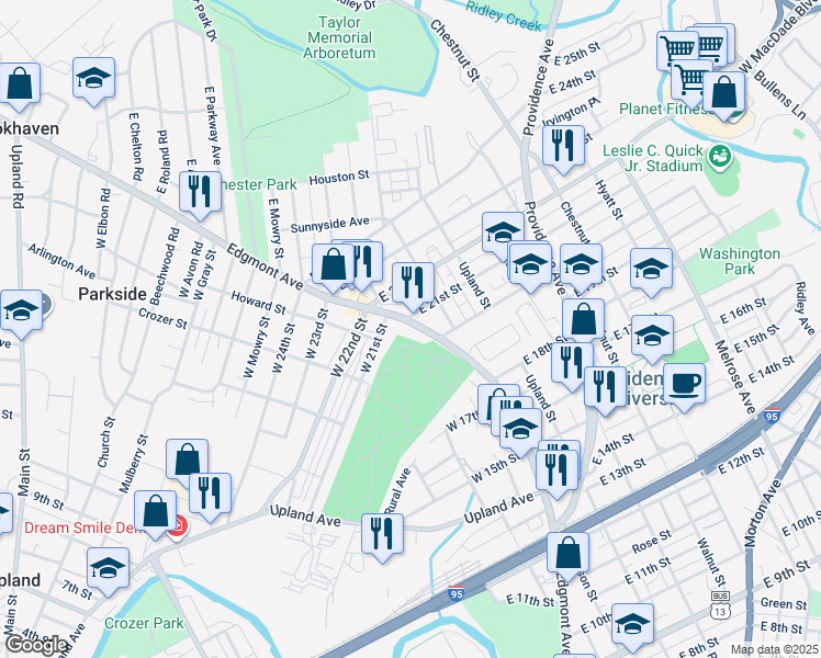 map of restaurants, bars, coffee shops, grocery stores, and more near 111 West 21st Street in Chester