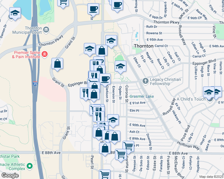 map of restaurants, bars, coffee shops, grocery stores, and more near 9120 Emerson Street in Thornton