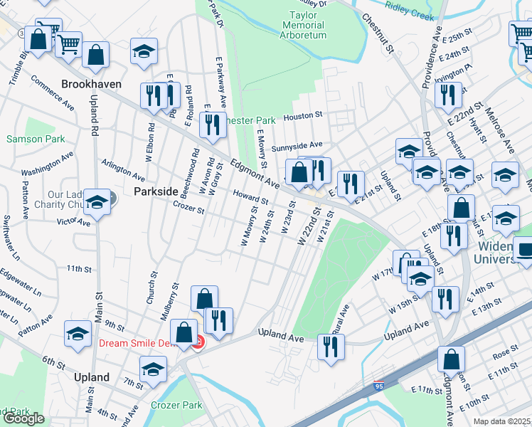 map of restaurants, bars, coffee shops, grocery stores, and more near 108 West 24th Street in Chester