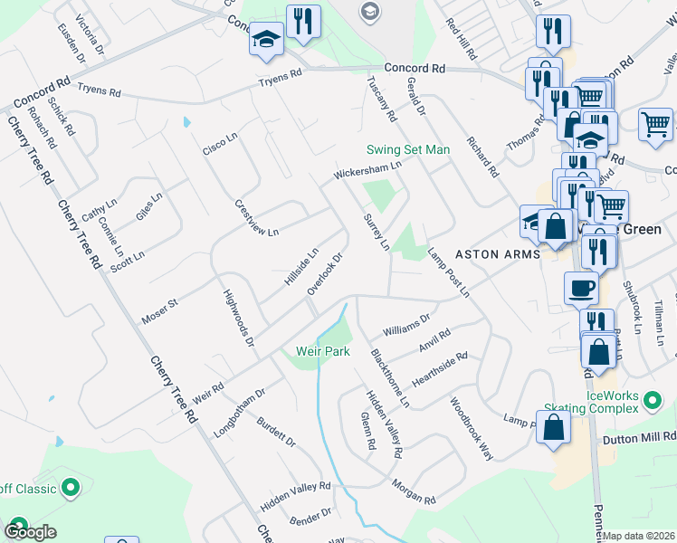 map of restaurants, bars, coffee shops, grocery stores, and more near 2365 Hillside Lane in Aston