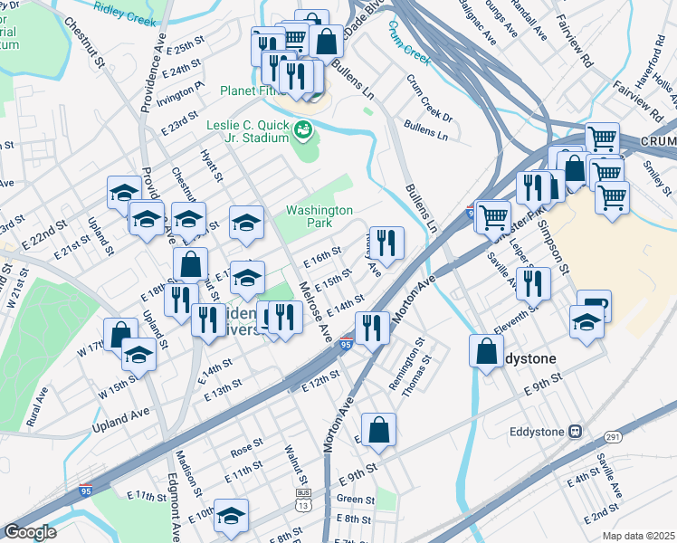 map of restaurants, bars, coffee shops, grocery stores, and more near 850 East 15th Street in Chester