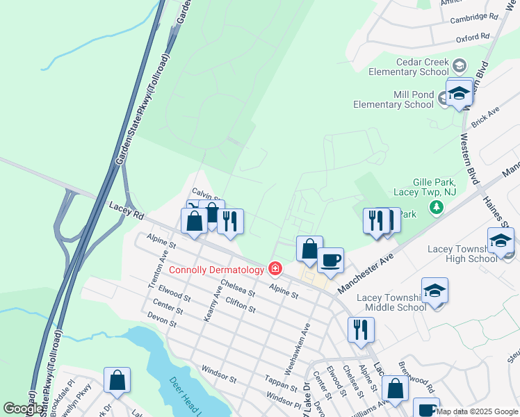 map of restaurants, bars, coffee shops, grocery stores, and more near Calvin Street in Lacey Township