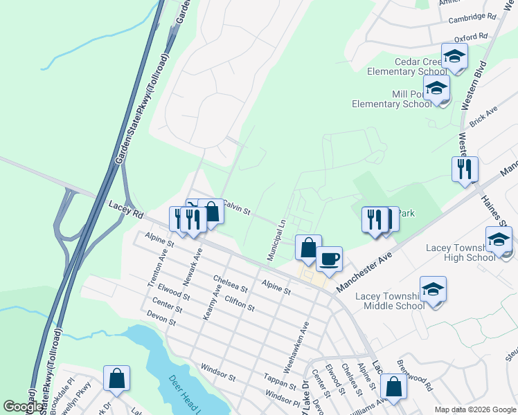 map of restaurants, bars, coffee shops, grocery stores, and more near 900 Gary Smith Way in Lacey Township