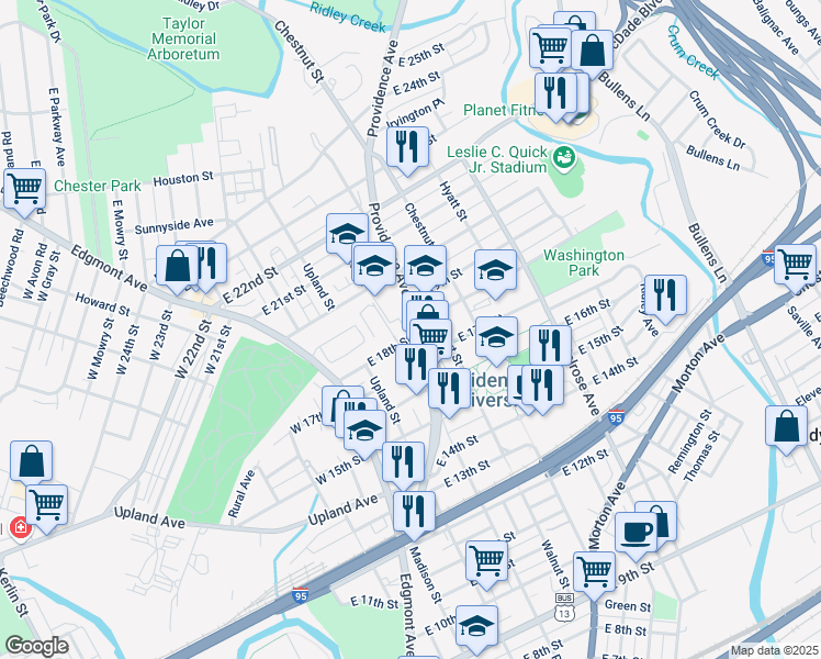 map of restaurants, bars, coffee shops, grocery stores, and more near 1901 Potter Street in Chester