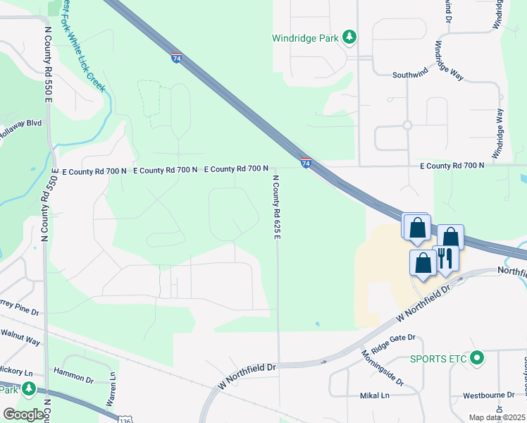 map of restaurants, bars, coffee shops, grocery stores, and more near 6895 North County Road 625 East in Brownsburg