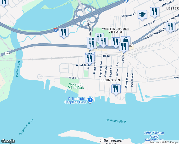 map of restaurants, bars, coffee shops, grocery stores, and more near 225 Wanamaker Avenue in Tinicum Township