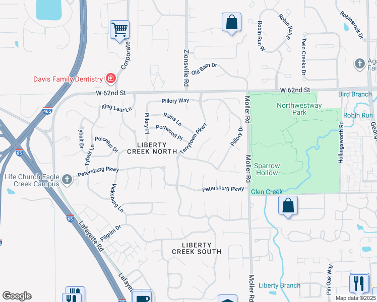 map of restaurants, bars, coffee shops, grocery stores, and more near 6013 Terrytown Parkway in Indianapolis
