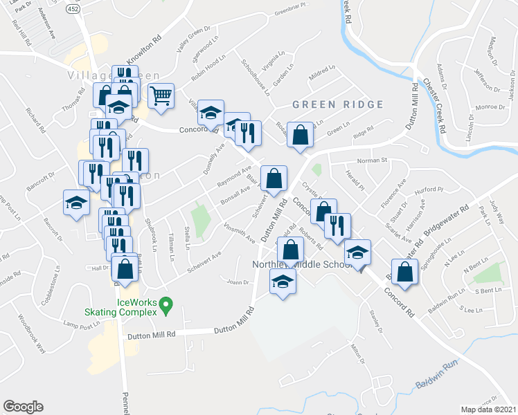 map of restaurants, bars, coffee shops, grocery stores, and more near 105 Scheivert Avenue in Aston