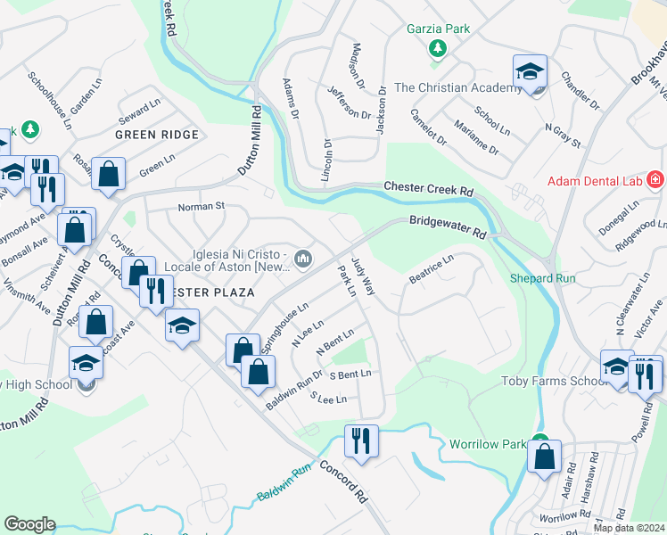 map of restaurants, bars, coffee shops, grocery stores, and more near 2105 Bridgewater Road in Aston