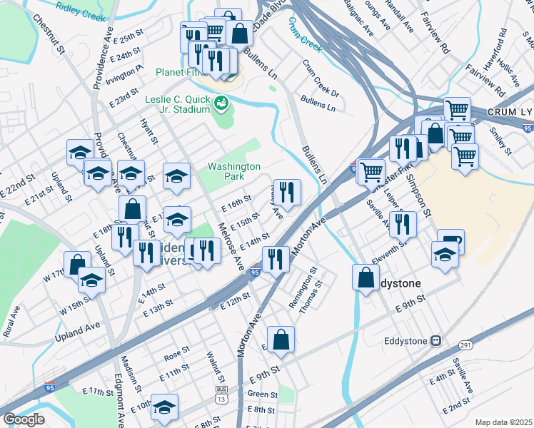 map of restaurants, bars, coffee shops, grocery stores, and more near 911 East 16th Street in Chester