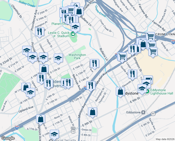 map of restaurants, bars, coffee shops, grocery stores, and more near 911 East 16th Street in Chester