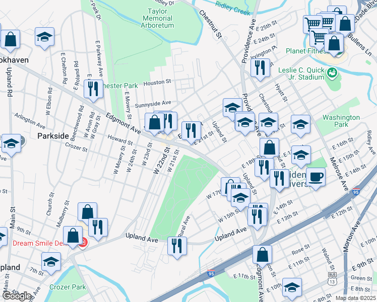 map of restaurants, bars, coffee shops, grocery stores, and more near 2117 Edgmont Avenue in Chester