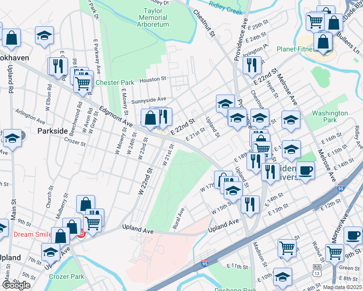 map of restaurants, bars, coffee shops, grocery stores, and more near 2117 Edgmont Avenue in Chester