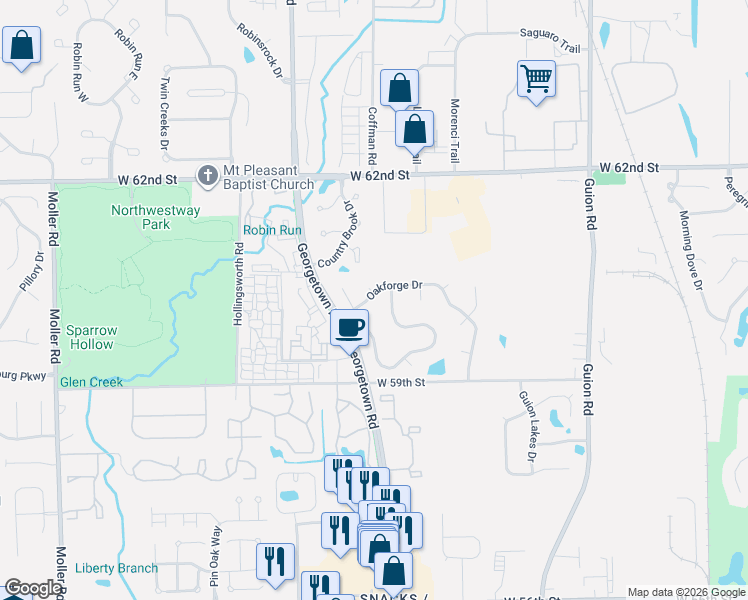 map of restaurants, bars, coffee shops, grocery stores, and more near 6033 Pine Forge Circle in Indianapolis