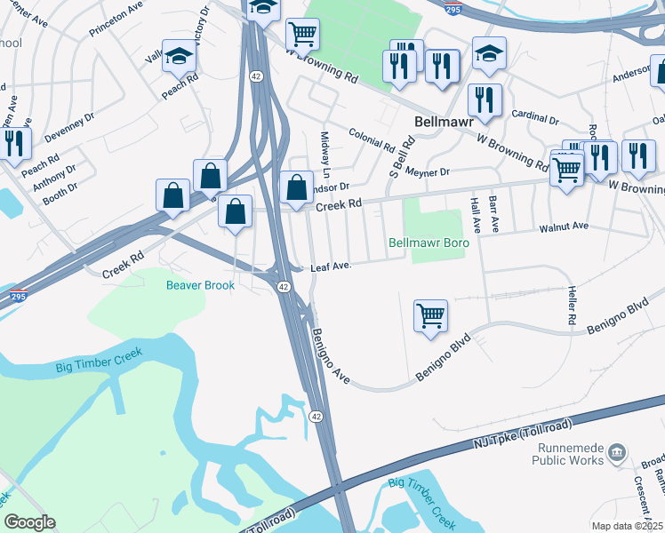 map of restaurants, bars, coffee shops, grocery stores, and more near Leaf Avenue & Worthman Avenue in Bellmawr