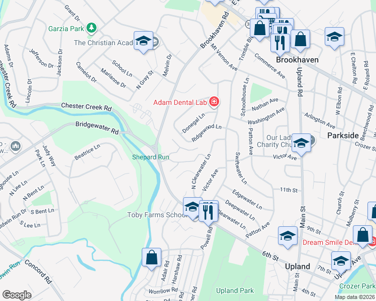 map of restaurants, bars, coffee shops, grocery stores, and more near Bridgewater Road in Brookhaven