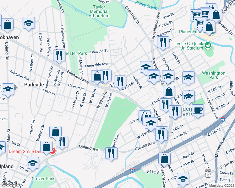 map of restaurants, bars, coffee shops, grocery stores, and more near 2117 Edgmont Avenue in Chester