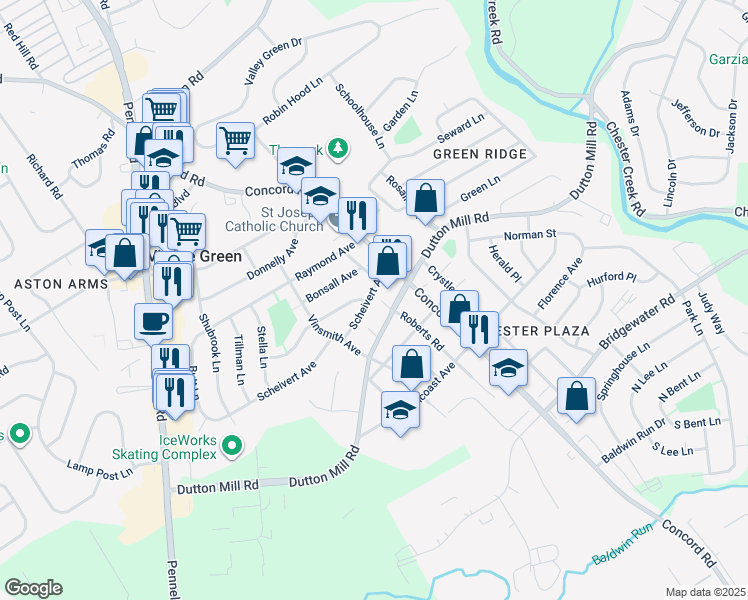 map of restaurants, bars, coffee shops, grocery stores, and more near 108 Scheivert Avenue in Aston
