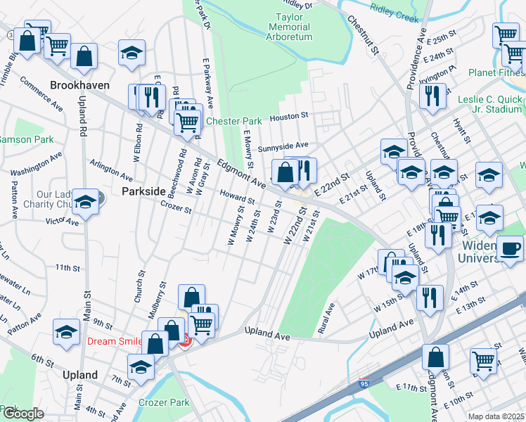 map of restaurants, bars, coffee shops, grocery stores, and more near 2304 Edgmont Avenue in Chester