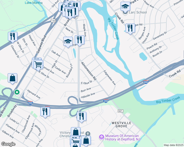 map of restaurants, bars, coffee shops, grocery stores, and more near 705 Almonesson Road in Westville