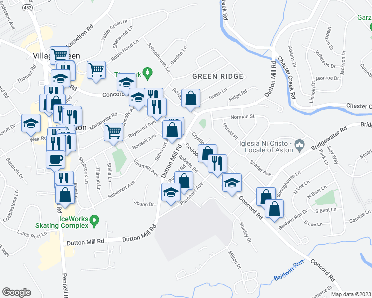 map of restaurants, bars, coffee shops, grocery stores, and more near 3131 Concord Road in Aston